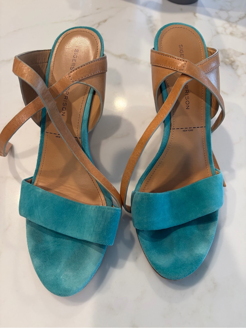 Sigerson Morrison Teal and Tan Suede Wedge Sandals clear acrylic lower heel
